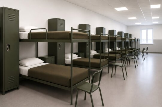 Military dormitory barracks with green bunk beds and lockers