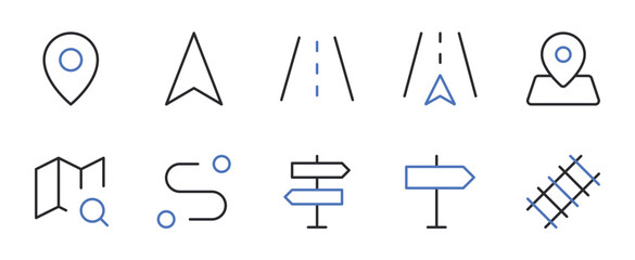 Fototapeta premium Map Location and Navigation GPS Line Icons Set Editable Stroke Vector Illustration.