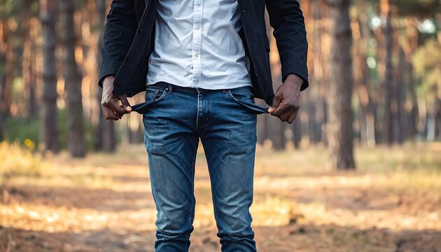 Man shows empty pockets in the woods, wearing jeans, a shirt, and blazer. Trees blur in the background