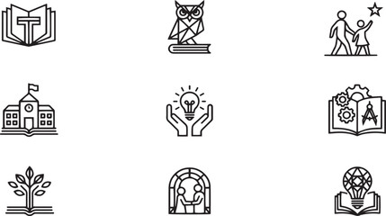 Fototapeta premium Set of nine educational and symbolic line art icons school learning