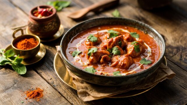 The famous North Indian dish is Tikka Masala (Chicken Tikka Masala) or Butter Chicken (Butter Chicken) in a classic restaurant serving.