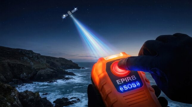 Hand pressing EPIRB SOS button sending distress signal from remote coastline at night