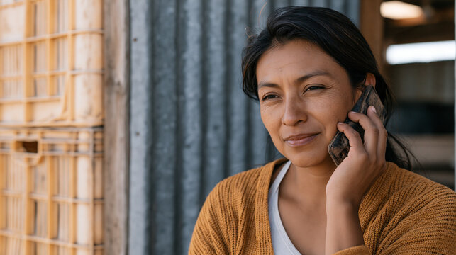 Undocumented Mixtec woman at agricultural packing shed pausing between shifts to call home on worn phone pressed close, corrugated metal walls, crates stacked behind her, industrial lighting overhea