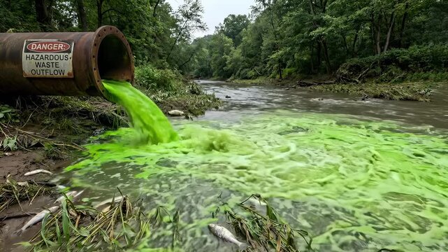 Industrial Pipe Discharges Toxic Green Sludge into Polluted River, Killing Fish
