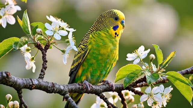 Yellow and green budgerigar perches on a branch adorned with white flowers