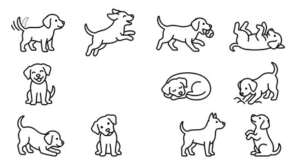 Fototapeta premium Set of Playful Puppy Character Outline Icons in Various Poses and Actions