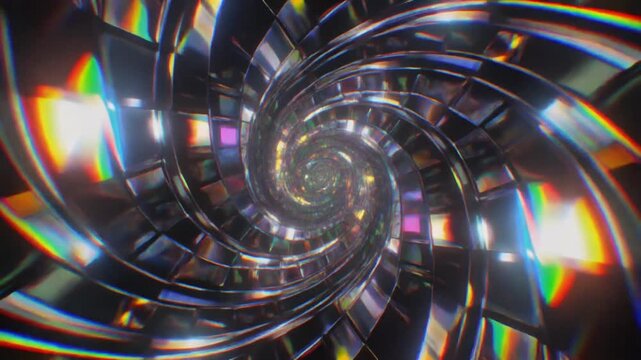 Mesmerizing futuristic tunnel of shimmering reflective panels spiraling into an infinite geometric void with dazzling light effects
