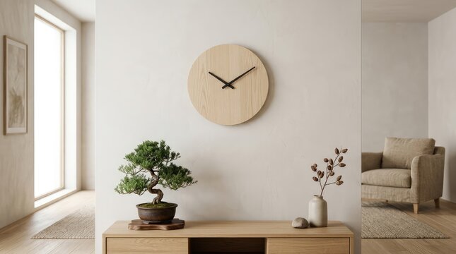 Minimalist Living Room With Wooden Wall Clock and Bonsai Tree