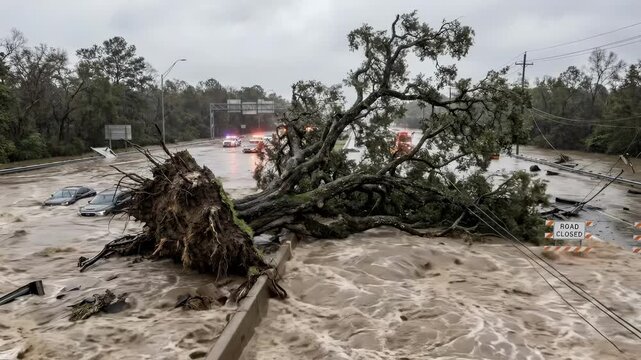 Uprooted Tree Blocks Flooded Highway During Extreme Weather Disaster