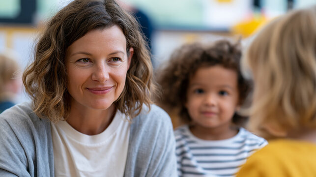 Kindergarten teacher mediating conflict between students from different cultural backgrounds, calm redirection, inclusive classroom community, September adjustment period, diversity management, cult