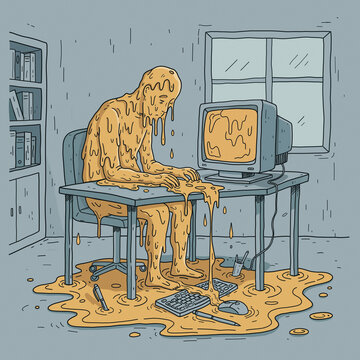 A gritty, textured illustration depicting extreme professional burnout