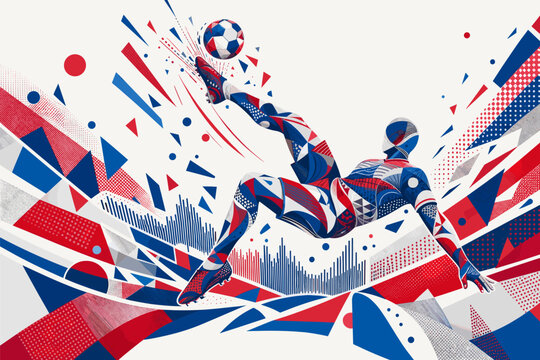 Paraguay soccer player performing an aerial bicycle kick in a dynamic geometric poster design. Paraguay national football team wallpaper, banner, background.