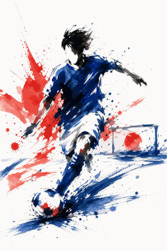 Japan national football team wallpaper, banner, poster, background. Japan national team colors on dynamic soccer player kicking a ball with watercolor paint splatters