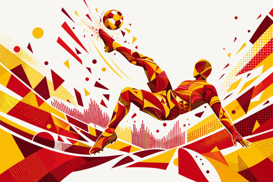 Spain soccer player performing an aerial bicycle kick in a dynamic geometric poster design. Spain national football team wallpaper, banner, background.