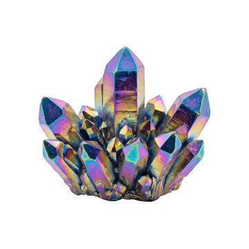 Vibrant rainbow aura quartz crystal cluster mineral specimen