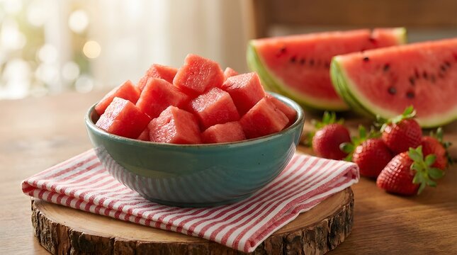 Fresh sliced watermelon chunks in blue bowl on wooden table with summer sunlight