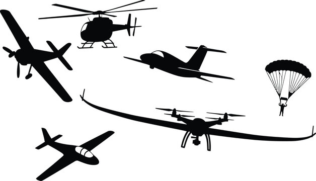Set of aircraft silhouettes including planes and helicopter