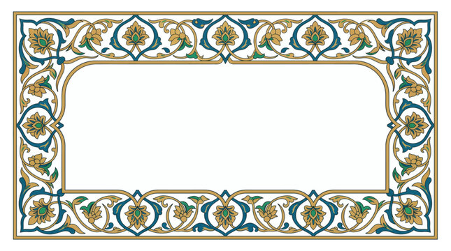 Ornate floral frame with traditional arabic patterns in gold and teal