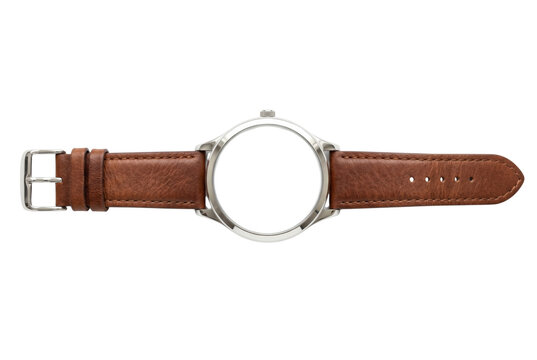 Silver watch case with brown leather strap mockup