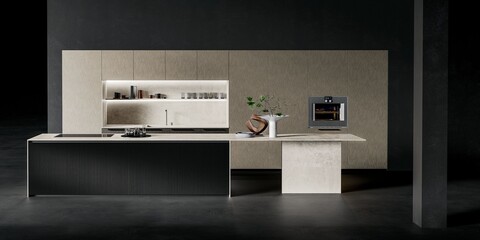 Modern luxury kitchen interior in minimal scandinavian style, 3d render © evgenij
