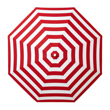 Top view of red and white striped beach umbrella