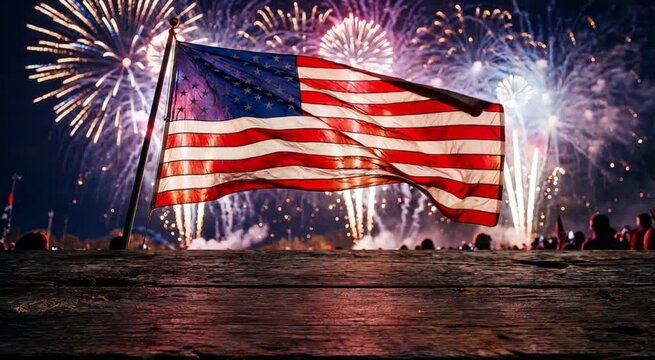 American Flag Waving with Fireworks at Night &ndash; Patriotic USA Celebration in 4K