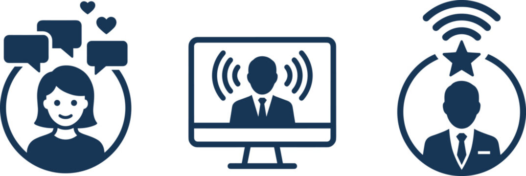 Dark blue flat vector icon set presenting digital social communication live online streaming webinar and influencer profiles.