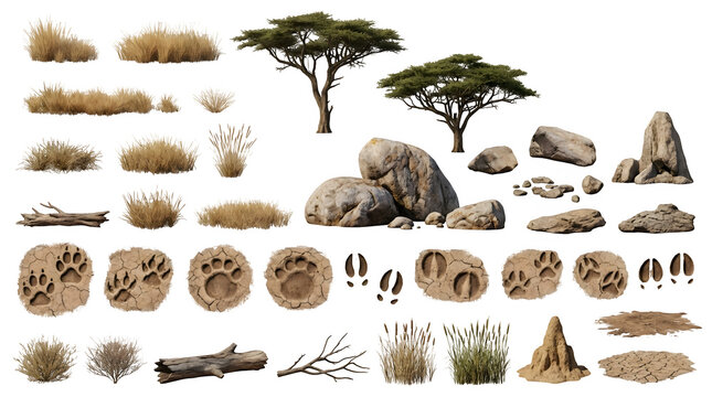 Set of african savanna elements including acacia trees, rocks, dry grass, animal footprints, and termite mound isolated on transparent background