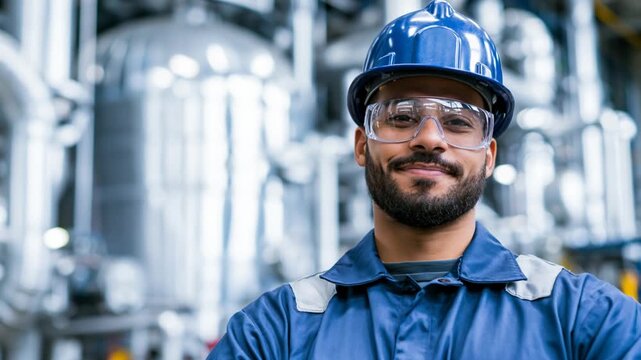 Portrait d'un ing&eacute;nieur br&eacute;silien souriant dans une usine chimique, concept de d&eacute;veloppement industriel au Br&eacute;sil, image g&eacute;n&eacute;r&eacute;e par l'IA