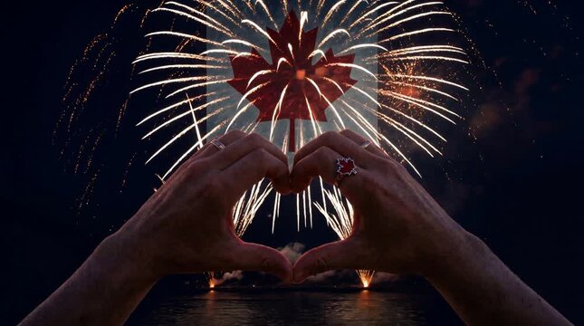 Love Canada concept. Hands forming a heart silhouette with maple leaf flag and fireworks for Canada Day beautiful fireworks celebration