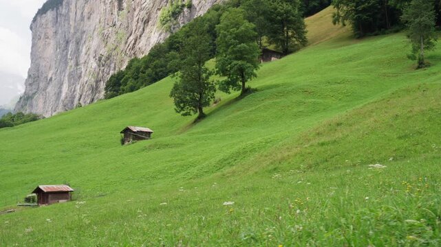 Alpine Meadows And Swiss Chalets - Lauterbrunnen Cinematic Walking Shot