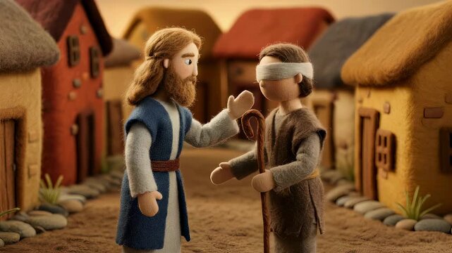 Jesus heals blind man in knitted puppet style. Biblical miracle where woman or man regains sight. Spiritual story of mercy and faith, divine religious narrative.
