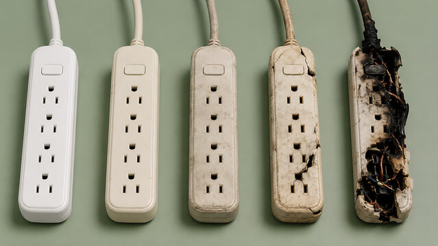Progressive electrical fire damage on five power strips with electrical electric maintenance progression appliance protection connection prevention installation defective