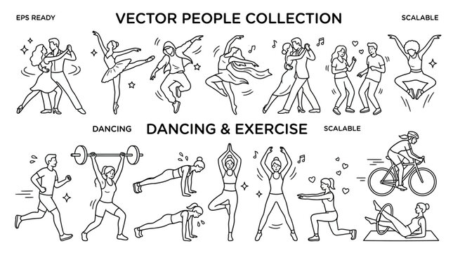 Vector People Collection Dancing and Exercise Line Art.