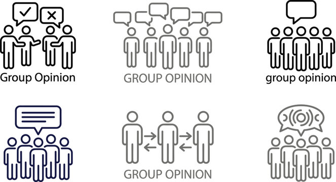 Group opinion vector icon set featuring crowd meeting discussion speech bubbles survey feedback and public review concepts.