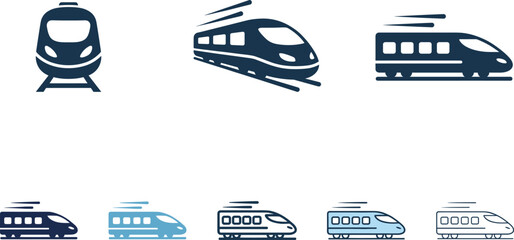 High speed train icon collection featuring front view side profile and linear blue bullet locomotive transit vectors. © MstBabli