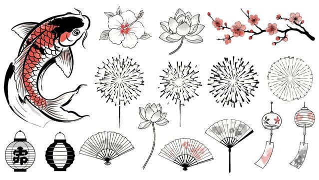 A collection of traditional Japanese and Asian cultural elements including a koi fish, cherry blossoms, lotus flowers, fans, lanterns, and fireworks.