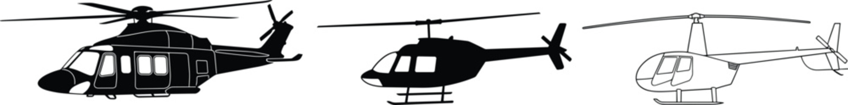 Helicopter vector silhouette and line icon set featuring civilian and military chopper models for aviation design.