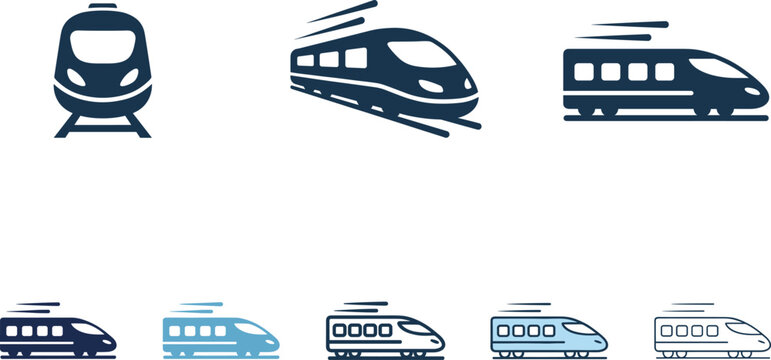 High speed train icon collection featuring front view side profile and linear blue bullet locomotive transit vectors.