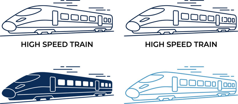 High speed train vector icon set with minimalist modern outline and silhouette designs for transportation logistics graphics