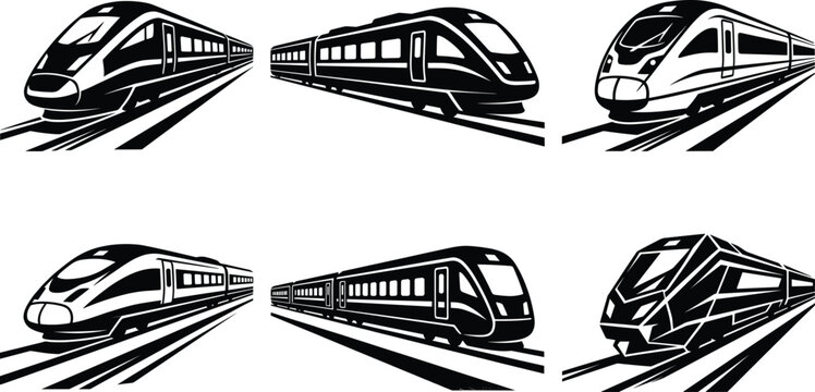 High speed train vector silhouette collection featuring modern passenger bullet locomotive models on fast railway tracks.
