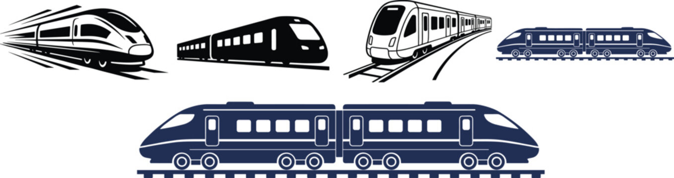 High speed train vector silhouette collection featuring modern bullet trains passenger locomotives subway and underground railway transit