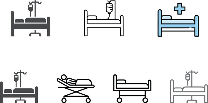 Hospital bed vector icon set featuring medical clinic symbols infusion stand patient stretcher and healthcare linear designs.