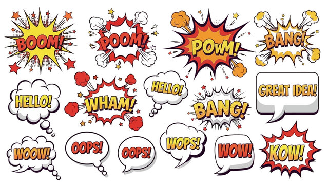 Collection of colorful comic book style speech bubbles and explosion sound effects with various exclamations and words on a white background.