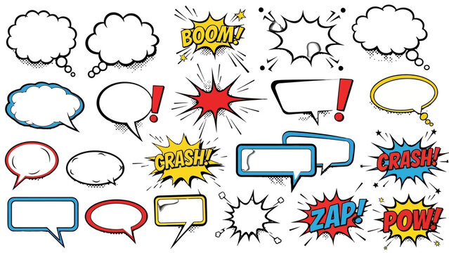 A vibrant collection of comic book style speech bubbles, thought clouds, and dynamic sound effect explosions, perfect for graphic design and communication.