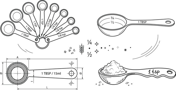 Measuring spoon vector icon set featuring kitchen baking tools for culinary recipe ingredients dimension scale technical blueprint