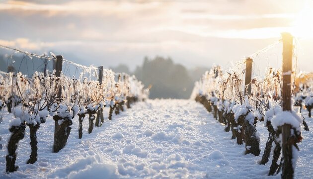 Winter in the vineyard with snow blankets dormant vines, golden hour light, AI generated
