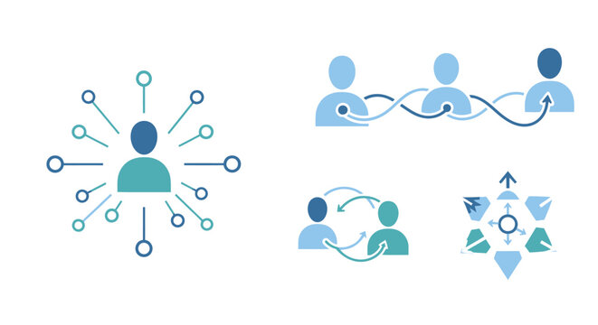 Conceptual icons for network connections, data exchange, and people collaboration.