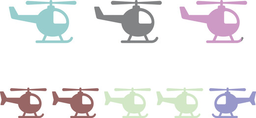 Muted color helicopter vector silhouette icon set featuring pastel civilian chopper models for modern aviation transport design. © MstBabli