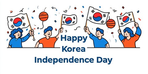 Fototapeta premium celebratory postcard, festive illustrated postcard for south korea independence day, featuring a playful seoul street celebration, vibrant colors, and cheerful characters with taegukgi flags
